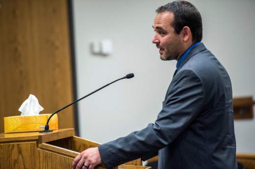 Chris Detrick  |  The Salt Lake Tribune
Nathan Moeller speaks during the sentencing of Meagan Grunwald at 4th District Court in Provo Wednesday July 8, 2015.  Eighteen-year-old Meagan Grunwald was sentenced Wednesday to 25 years to life in prison for being an accomplice to the murder last year of Utah County Sheriff's Sgt. Cory Wride and the attempted murder of Deputy Greg Sherwood.