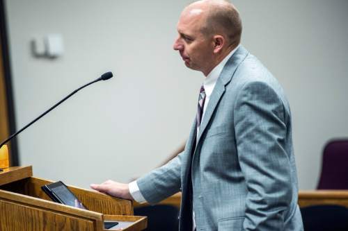 Chris Detrick  |  The Salt Lake Tribune
Prosecutor Sam Pead speaks during the sentencing of Meagan Grunwald at 4th District Court in Provo Wednesday July 8, 2015.  Eighteen-year-old Meagan Grunwald was sentenced Wednesday to 25 years to life in prison for being an accomplice to the murder last year of Utah County Sheriff's Sgt. Cory Wride and the attempted murder of Deputy Greg Sherwood.
