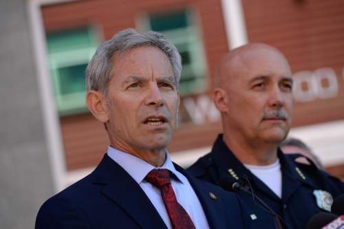 Francisco Kjolseth | The Salt Lake Tribune
Salt Lake City Mayor Ralph Becker and Acting Police Chief Mike Brown are joined by community and business leaders during a press conference to discuss new initiatives to ensure public safety in the Rio Grande District.