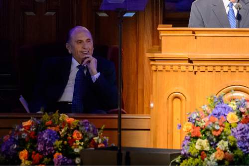 Trent Nelson  |  The Salt Lake Tribune
LDS Church President Thomas S. Monson laughs during remarks by Russell Ballard at the funeral of LDS apostle Boyd K. Packer, in Salt Lake City, Friday July 10, 2015.
