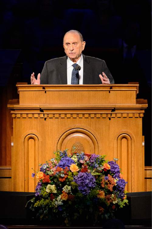 Trent Nelson  |  The Salt Lake Tribune
LDS Church President Thomas S. Monson speaks at the funeral of LDS apostle Boyd K. Packer, in Salt Lake City, Friday July 10, 2015.