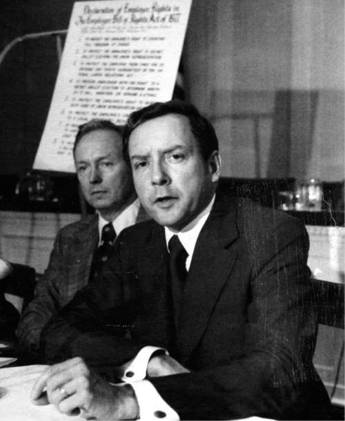 Sen. Orrin Hatch, R-Utah, talks to reporters during a press conference in Washington Thursday. Hatch briefed newsmen on the "Employee Bill of Rights Act of 1977", legislation which he introduced which would give employees the right of free choice to engage in or to refrain from collective bargaining. In background is Rep. John Erlenborn, R -Ill, who introduced a similar bill in the house. Credit: The Salt Lake Tribune Library
