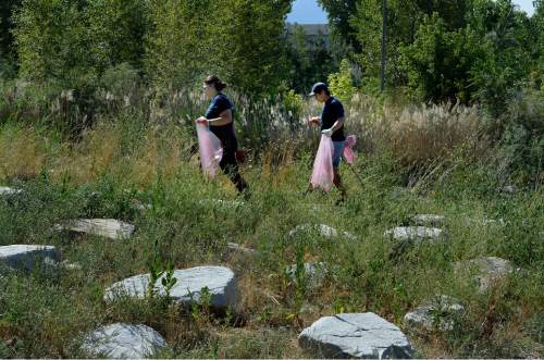 Scott Sommerdorf   |  The Salt Lake Tribune
Volunteers look for trash along the Jordan River Parkway as they help during the cleanup of the Jordan River. United by Blue hosted a cleanup of the Jordan River in advance of the Outdoor Retailers summer market. The organization pledges to remove one pound of trash from oceans and waterways for every product sold. Volunteers collected 531 pounds of trash.