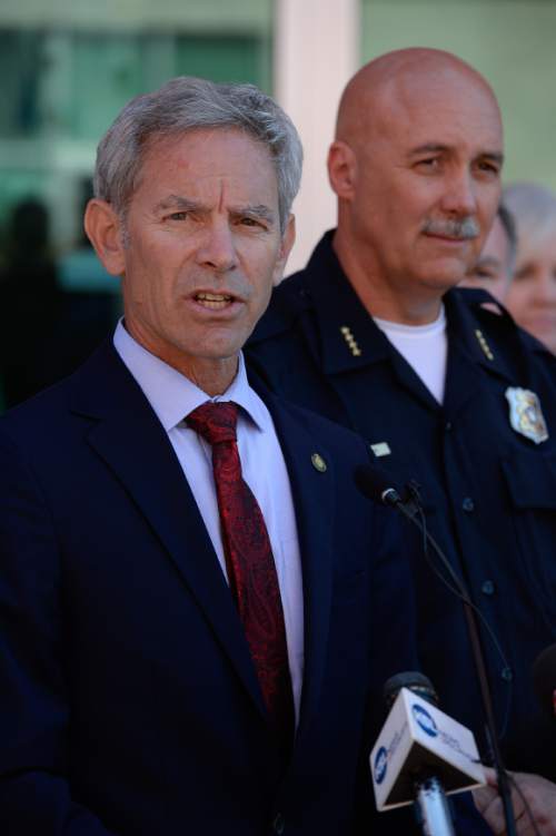 Francisco Kjolseth | The Salt Lake Tribune
Salt Lake City Mayor Ralph Becker and Acting Police Chief Mike Brown are joined by community and business leaders during a press conference to discuss new initiatives to ensure public safety in the Rio Grande District.