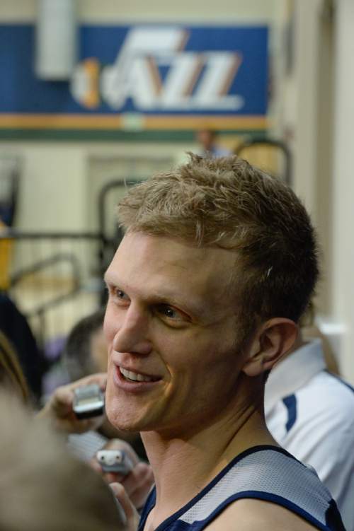 Francisco Kjolseth  |  The Salt Lake Tribune
BYU's all-time leading scorer, Tyler Haws, speaks with the media following a work out for the Utah Jazz on Monday June 1, 2015, along with five other players.