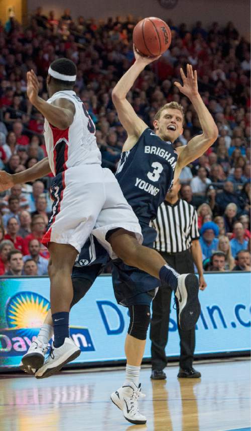 Rick Egan  |  The Salt Lake Tribune

Brigham Young Cougars guard Tyler Haws (3) collides with Gonzaga Bulldogs guard Gary Bell Jr. (5), in the West Coast Conference championship game, BYU vs. Gonzaga, at the Orleans Arena, in Las Vegas, Tuesday, March 10, 2015