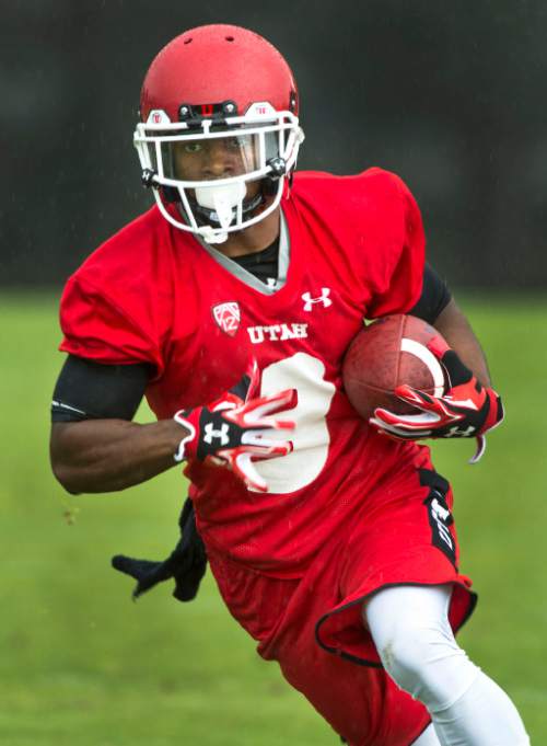 Steve Griffin  |  The Salt Lake Tribune


University of Utah wide receiver Kyle Fulks sprints up the sidelines after grabbing a pass during second day of the teams fall camp at the University of Utah baseball field  in Salt Lake City, Friday, August 7, 2015.