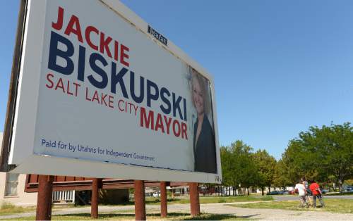Leah Hogsten  |  The Salt Lake Tribune
A political action committee created by Reagan Outdoor Advertising -- Utahns for Independent Government -- is putting up billboards around Salt Lake City supporting Jackie Biskupski for mayor, July 15, 2015.
