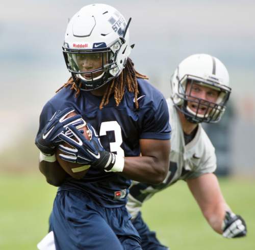 Steve Griffin  |  The Salt Lake Tribune

USU wide receiver Devonte Robinson hauls in a pass during opening day of Utah State University football practice in Logan, Friday, August 7, 2015.  l