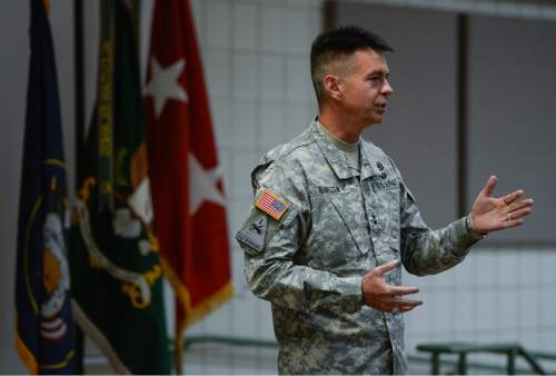 Francisco Kjolseth | The Salt Lake Tribune
State Adjutant General MG Jefferson S. Burton speaks with the troops during the departure ceremony for 26 Soldiers of the Utah Army National Guard's 19th Special Forces (Airborne) on Monday, Aug. 10, at the Scott Lundell Readiness Center auditorium at Camp Williams. The mission of these Soldiers is to provide operational support to coalition forces involved in support of Operation Inherent Resolve in Afghanistan during a 12-month deployment.