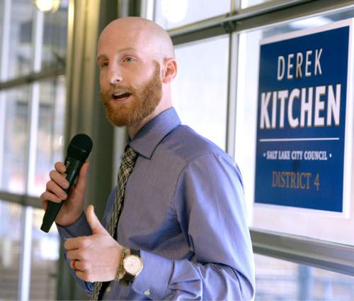 Al Hartmann  |  The Salt Lake Tribune
Derek Kitchen announces his candidacy for Salt Lake City's District 4 Council Seat Tuesday Feb. 10, 2015, at Caputo's Market and Deli across from Pioneer Park. In 2013, Kitchen and his partner, Moudi Sbeity, along with two other gay couples, won their case (Kitchen v. Herbert) in federal court overturning Utah's same-sex marriage ban. It made Utah the 18th state to permit same-sex couples to legally marry. Kitchen is a South Jordan native and the owner and operator of a small business in Salt Lake City. He launched Laziz Foods in 2012. As a resident and business owner, Kitchen said he has a "unique and valuable" understanding of the area.