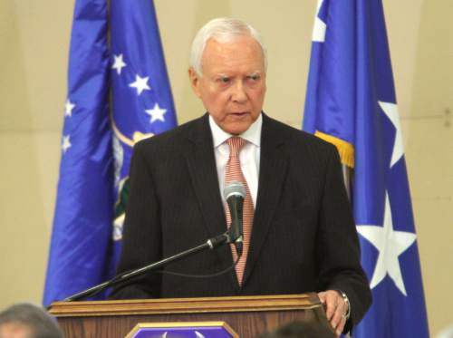 Rick Egan  | The Salt Lake Tribune 

Senator Orrin Hatch speaks during the F-35A Joint Strike Fighter presentation, Friday, September 20, 2013. The F-35A is a multi-variant, multi-role 5th Generation Fighter, and will undergo organic depot modification work at Hill AFB.