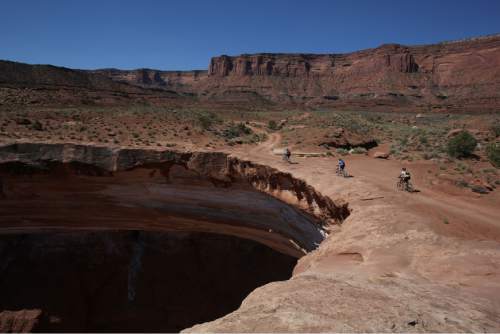 Francisco Kjolseth  |  The Salt Lake Tribune
Mountain bikers ride the edge of the White Rim Trail in Canyonlands National Park in May 2013.