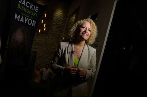 Leah Hogsten  |  The Salt Lake Tribune
Jackie Biskupski and campaign supporters celebrate the primary win, August 11, 2015 at Stoneground Kitchen. Former state legislator Jackie Biskupski and Salt Lake City Mayor Ralph Becker won Tuesday's primary race for the mayor's seat and will face off in the Nov. 3 general election.