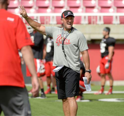 Al Hartmann  |  The Salt Lake Tribune 
Coach Kyle Whittingham takes charge during Ute scrimmage Wednesday August 12.