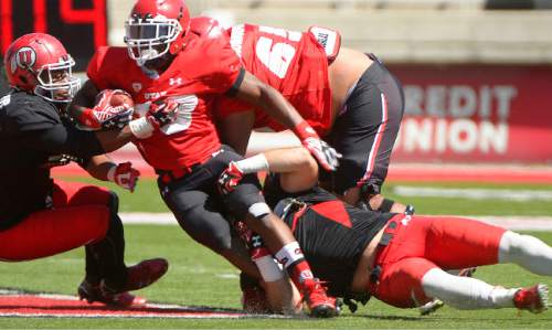 Leah Hogsten  |  The Salt Lake Tribune
l-r Utah's Sharrieff Shah Jr. and Hayden Cleff bring down running back Marcus Horne. University of Utah football team held its first fall scrimmage at Rice-Eccles Stadium, Thursday, August 13, 2015.