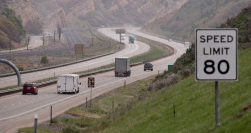 Steve Griffin  |  Tribune file photo

Utah Department of Transportation officials continue to report that raising the speed limit to 80 mph has has little impact on the speeds motorists actually drive at. In this file photo, traffic heads up I-80 between Echo Junction, Utah and Evanston, Wyo.