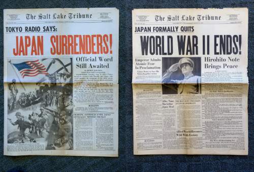 Scott Sommerdorf   |  The Salt Lake Tribune
Salt Lake Tribune editions of August 14, 1945, left, and August 15, 1945, right, were among artifacts on display at Fort Douglas Military Museum's V.J. Day program -- 1945: The Year That Changed The World, Saturday, August 15, 2015.