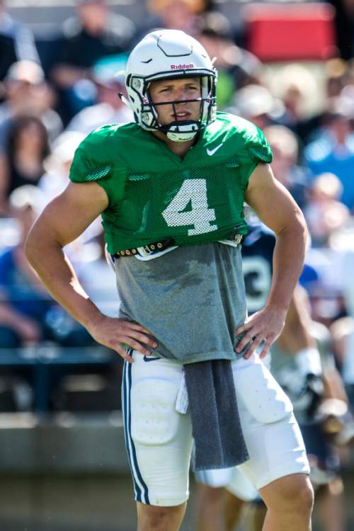 Chris Detrick  |  The Salt Lake Tribune
Brigham Young Cougars quarterback Taysom Hill (4) during a scrimmage at LaVell Edwards Stadium Saturday August 15, 2015.
