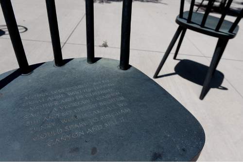 Scott Sommerdorf   |  The Salt Lake Tribune
The J.R. Sorenseon Rec Center, at 5350 W.Herriman Main Street has chairs that seem to be scattered and moveable, but are permanently placed, and have written bits of history on each chair, Thursday, July 2, 2015.