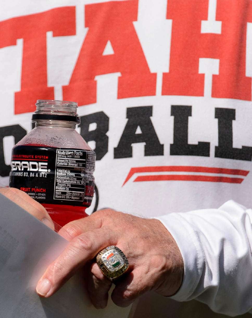 Trent Nelson  |  The Salt Lake Tribune
University of Utah assistant head football coach Dennis Erickson wears one of his national championship rings (from his days at Miami) during a practice session in Salt Lake City, Friday August 14, 2015.