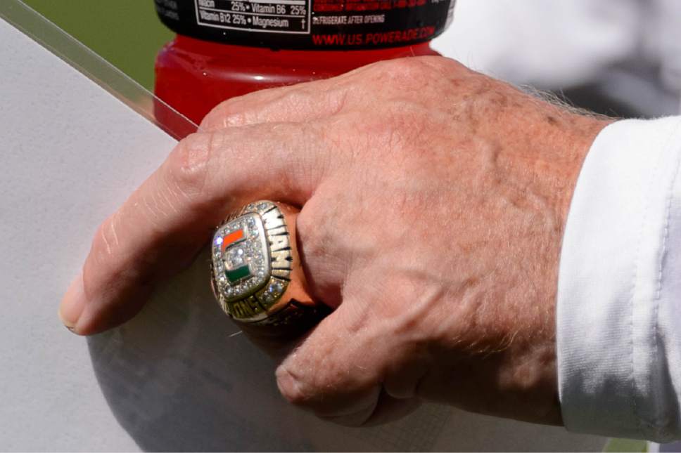Trent Nelson  |  The Salt Lake Tribune
University of Utah assistant head football coach Dennis Erickson wears one of his national championship rings (from his days at Miami) during a practice session in Salt Lake City, Friday August 14, 2015.