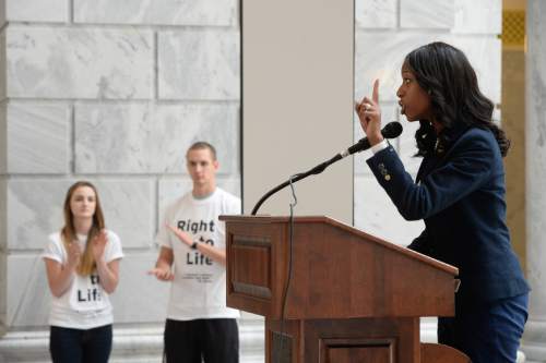 Francisco Kjolseth | The Salt Lake Tribune
U.S. Rep. Mia Love speaks during the "Women Betrayed" rally on Wednesday, Aug. 19, organized in support to Gov. Gary Herbert's recent decision to remove the state from federal funding of Planned Parenthood.