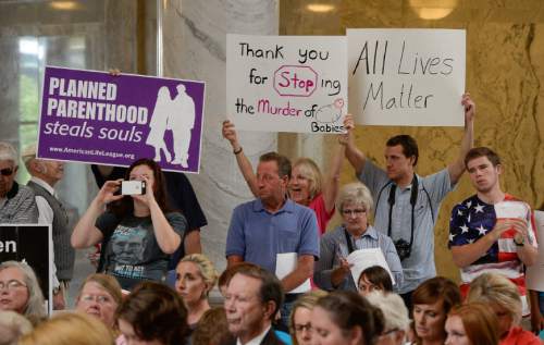 Francisco Kjolseth | The Salt Lake Tribune
People gather at the Utah Capitol as part of the "Women Betrayed" rally on Wednesday, Aug. 19, in support to Gov. Gary Herbert's recent decision to remove the state from federal funding of Planned Parenthood.