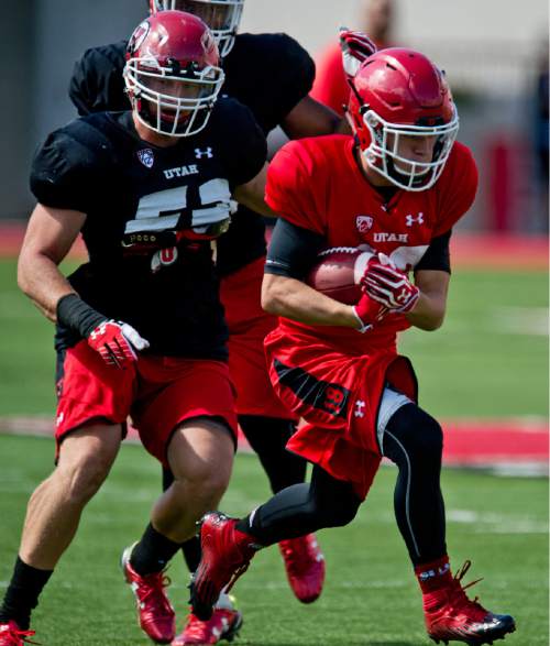 Lennie Mahler  |  The Salt Lake Tribune

Wide receiver Britain Covey gains some extra yards on a pass during Utah football fall camp at Rice-Eccles Stadium in Salt Lake City.  Saturday, Aug. 8, 2015.