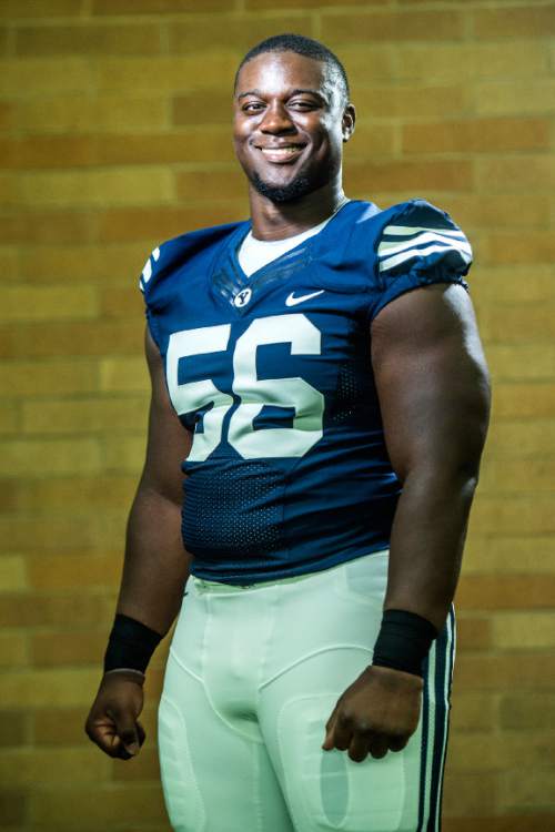 Chris Detrick  |  The Salt Lake Tribune
Brigham Young Cougars offensive lineman Tejan Koroma (56) poses for a portrait Wednesday August 12, 2015.