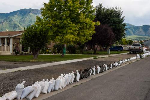 Chris Detrick  |  The Salt Lake Tribune
Sandbags along 300 West to help protect homes from water from the West Salem Canal breach Tuesday August 25, 2015.