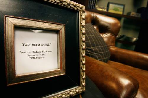 Scott Sommerdorf  |  The Salt Lake Tribune
Some framed political quotes are displayed throughout the lobbyists lounge. This one sits next to an overstuffed leather chair. The Salt Lake Tribune was given a tour of the new lobbyists lounge on the lower floor of the state Capitol building Monday, Jan. 25, 2010.