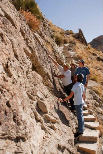 Trent Nelson  |  Tribune file photo
The Horsfall family, on vacation from Australia, look at fossils in the Morrison Formation at Dinosaur National Monument in Utah, Thursday, September 29, 2011.