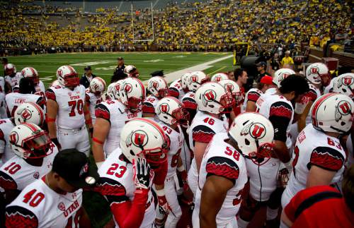 Jeremy Harmon  |  The Salt Lake Tribune

Utah heads to the locker room as they get ready to face the Wolverines in Ann Arbor, Saturday, Sept. 20, 2014.