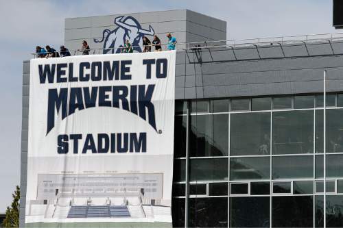 Trent Nelson  |  The Salt Lake Tribune
A banner is unfurled at the Utah State spring football game in Maverik Stadium, Logan, Saturday April 11, 2015.