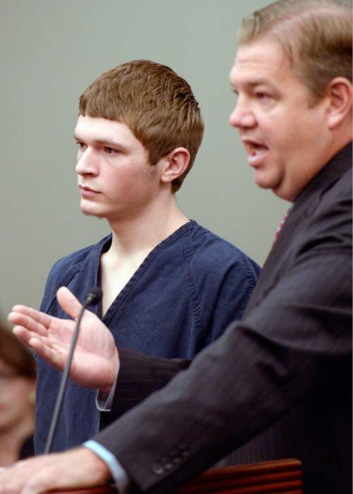 Al Hartmann  |  The Salt Lake Tribune
Darwin Christopher Bagshaw, now 18, attends a disposition hearing before 3rd District Judge James Blanch in Salt Lake City Friday July 31 with his defense lawyer Christopher Bown.   A jury trial date was set for the end of the year. 
The teen is accused of killing his 15-year-old girlfriend, Anne Kasprzak, in March 2012, when he was 14.
Bagshaw was originally charged as a juvenile, but a juvenile court judge in April transferred it to adult court.