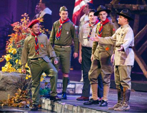 Leah Hogsten  |  The Salt Lake Tribune
The Church of Jesus Christ of Latter-day Saints and the Boy Scouts of America presented an original stage production about the history and values of Scouting. ÏA Century of HonorÓ commemorating the 100-year partnership between the LDS Church and the BSA, Tuesday, October 29, 2014 at the Conference Center.
 The program will featured multiple choirs, historical reenactment, dynamic set design, and multiple special effects drawing upon the skills and outdoor experiences that are hallmarks of Scouting.