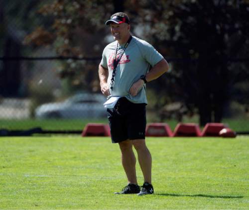 Steve Griffin  |  The Salt Lake Tribune

University of Utah head coach Kyle Whittingham watches his payers practice during first day of fall football camp at the University of Utah baseball field in Salt Lake City, Thursday, August 6, 2015.  l