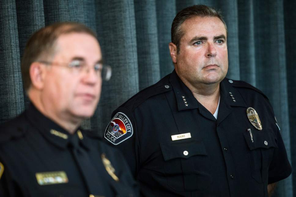 Chris Detrick  |  The Salt Lake Tribune
West Valley City Police Chief Lee W. Russo listens as West Jordan Chief of Police Douglas L. Diamond speaks during a press conference at the West Jordan Police Department Friday August 28, 2015.
