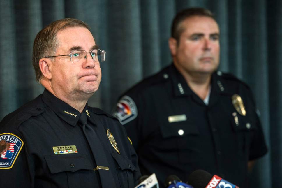 Chris Detrick  |  The Salt Lake Tribune
West Jordan Chief of Police Douglas L. Diamond speaks during a press conference at the West Jordan Police Department Friday August 28, 2015.  West Valley City Police Chief Lee W. Russo is at right.