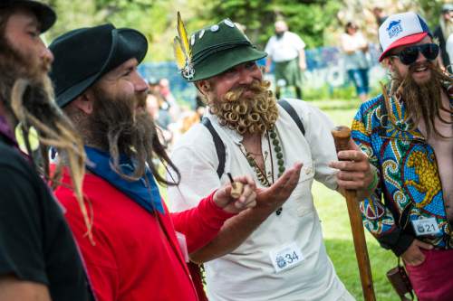Chris Detrick  |  The Salt Lake Tribune
Nicholas Beadles, Troy Mattinson and Brandon Ellerby wait to hear the results of the 'Freestyle Beard' category during the 2nd Annual Beard & Moustache Competition during the 43rd Annual Oktoberfest Celebration at Snowbird Ski & Summer Resort Saturday August 29, 2015.
