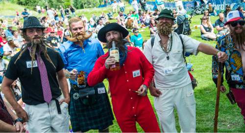 Chris Detrick  |  The Salt Lake Tribune
(L-R) Robert Hollerman, Edward Warner, Nicholas Beadles, Troy Mattinson and Brandon Ellerby wait to hear the results of the 'Freestyle Beard' category during the 2nd Annual Beard & Moustache Competition during the 43rd Annual Oktoberfest Celebration at Snowbird Ski & Summer Resort Saturday August 29, 2015.  
Warner placed 1st. Mattinson finished 2nd and Hollerman finished in 3rd place.