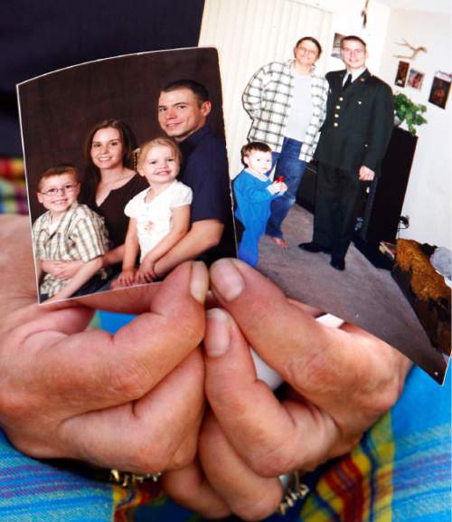 Leah Hogsten  |  The Salt Lake Tribune

Army Staff Sgt. Kurt Curtiss' mother Ruth Serrano clutches photos of her son and his family on August 28, 2009; at left, Army Staff Sgt. Kurt Curtiss, wife Elizabeth, son Joshua and daughter Cecilia, from September 2006. At right, a photo of Serrano and Army Staff Sgt. Kurt Curtiss. South Ogden native, Army Staff Sgt. Kurt Curtiss was on a recovery mission at a hospital with his unit when he was caught in crossfire and killed, said his sister, Lynn Burr. Curtiss has lived in both Utah and Arizona. He served two tours of duty in Iraq before being transferred to Fort Richardson in Alaska. He was deployed to Afghanistan last year, and had been home for a visit about a month ago.