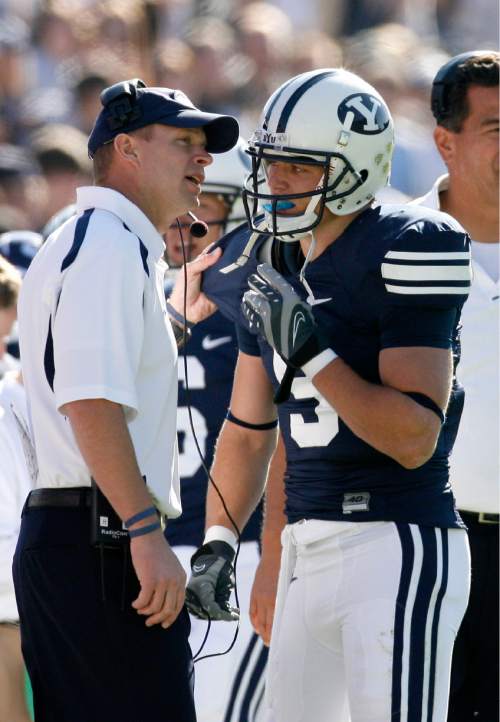 Chris Detrick  |  The Salt Lake Tribune

BYU head coach Bronco Mendenhall talks with Austin Collie after he scored a touchdown during the first half of the game against Colorado State at LaVell Edwards Stadium November 3, 2007. BYU won 35-16.