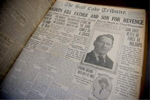 Jeremy Harmon  |  The Salt Lake Tribune
On Jan. 11, 1914, The Salt Lake Tribune's front page was largely devoted to the murders of John G. Morrison and his son Arling in their Salt Lake City grocery store.