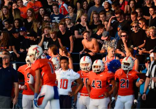 Scott Sommerdorf   |  The Salt Lake Tribune
Timpview fans yell at their team as Lone Peak led Timpview 14-7 at the half in Provo, Friday, August 28, 2015.
