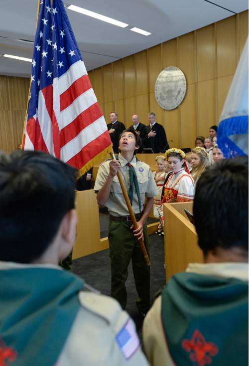Francisco Kjolseth | The Salt Lake Tribune
Boy Scout Troop 1146 of Magna, present the colors during swearing in ceremonies of John W. Huber as new U.S. Attorney for Utah at the new Federal Courthouse in Salt Lake City on Monday, Aug. 31, 2015.