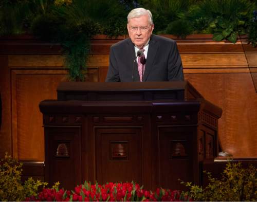 Rick Egan  |  Tribune file photo
Elder M. Russell Ballard speaks in the 185th Annual LDS General Conference Priesthood Session in April.
