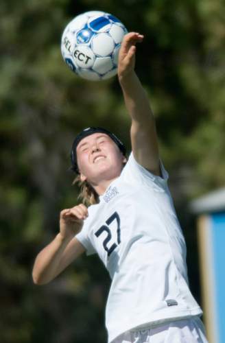Steve Griffin  |  The Salt Lake Tribune

Skyline's Caroline Hyland tries to defend herself as the ball smashes into her during the Skyline versus Murray girl's soccer game at Skyline High School in Salt Lake City, Tuesday, September 1, 2015.