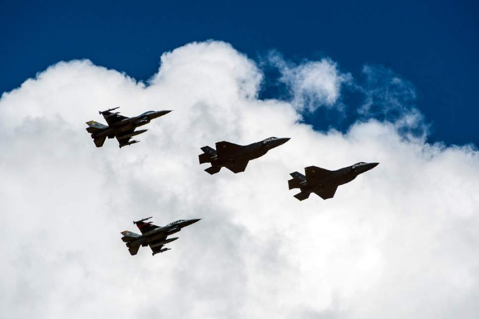 Chris Detrick  |  The Salt Lake Tribune
Two F-16s and two F-35s fly above Hill Air Force Base Wednesday September 2, 2015.
